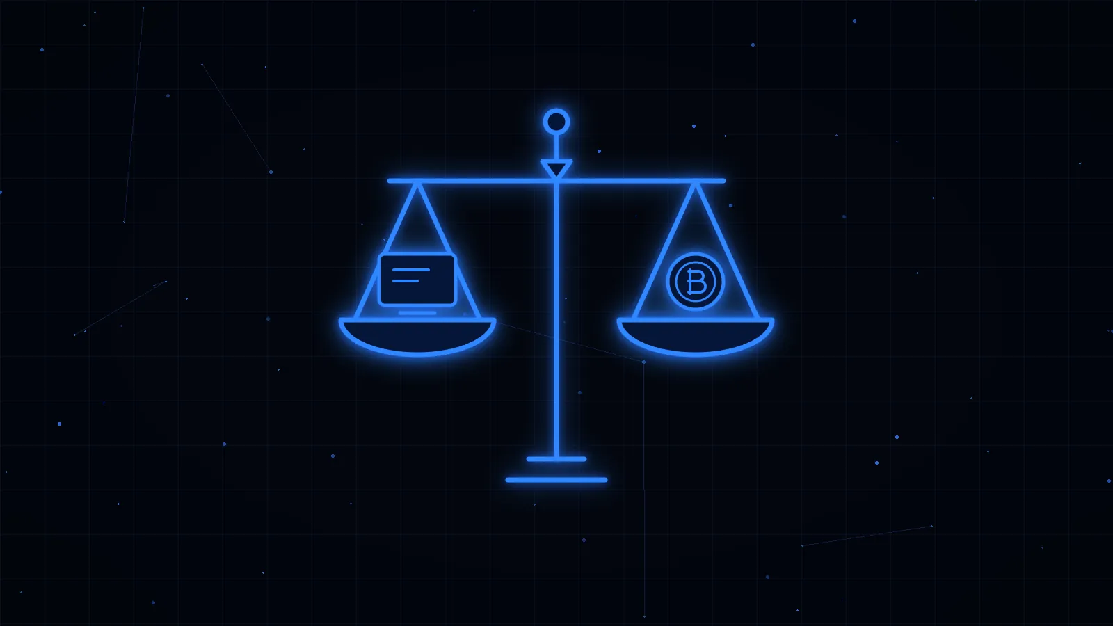 Blue line-art scales of justice holding a computer screen on one side and a coin on the other, on a black background