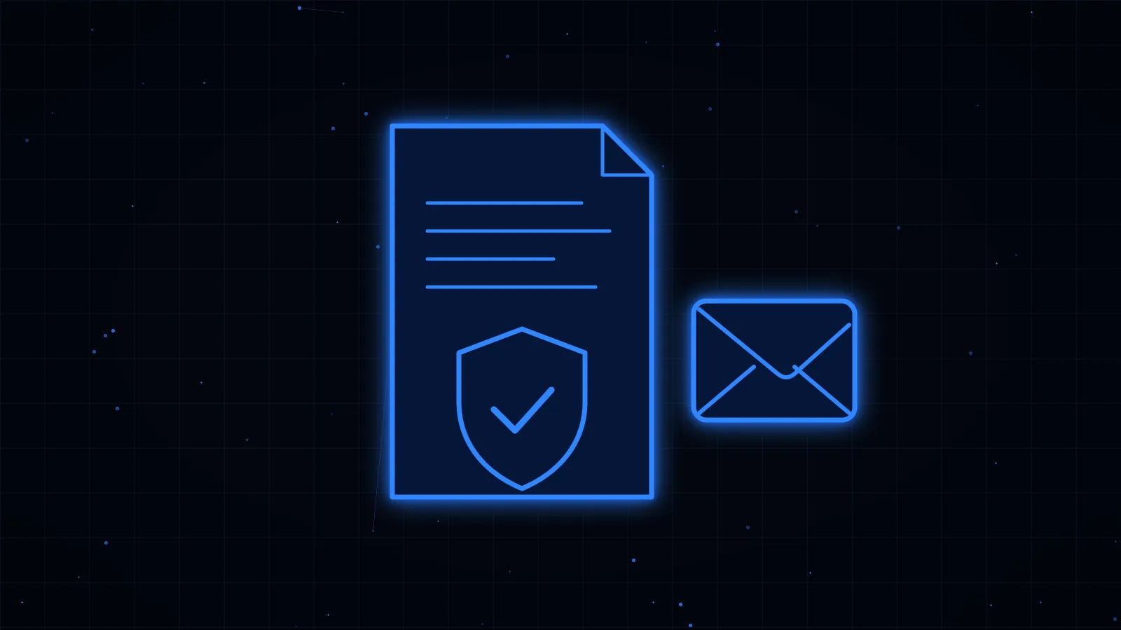 Blue line-art document with a shield and check mark next to an envelope, on a black background