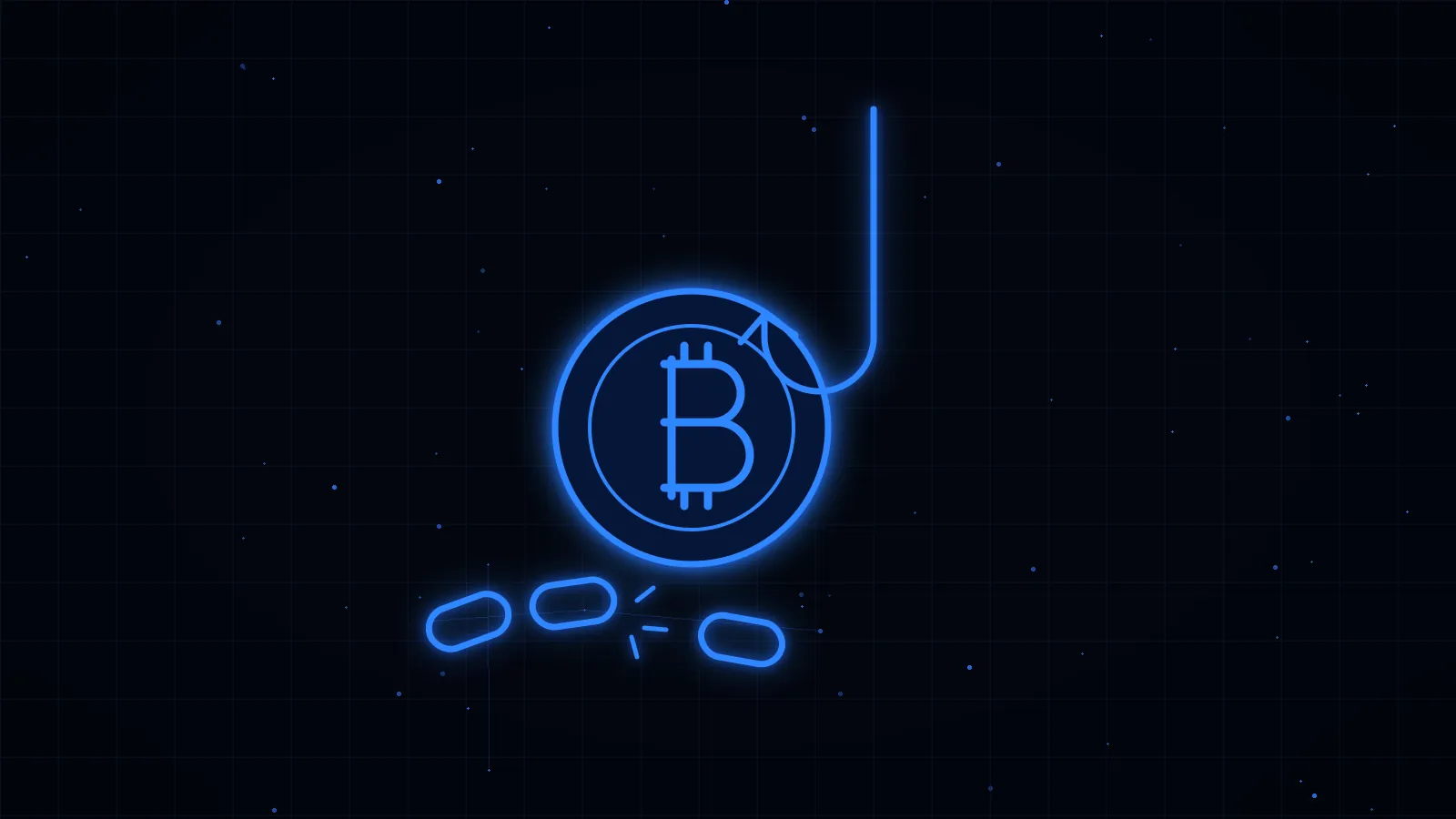 Moneda de criptomoneda en línea azul enganchada a un anzuelo junto a una cadena rota, sobre fondo negro