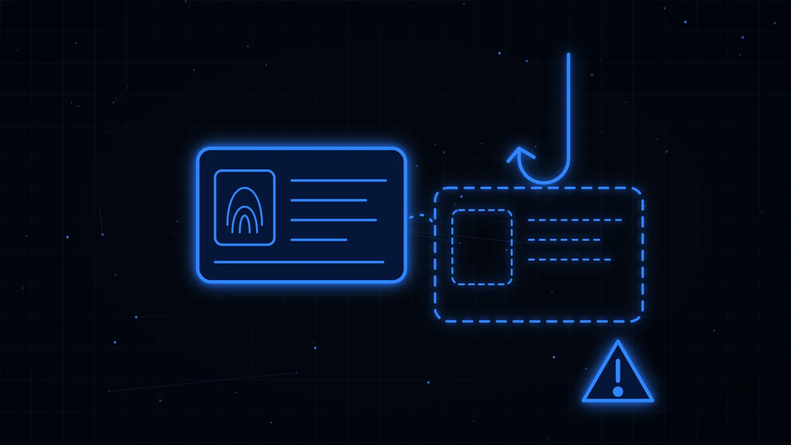 Blue line-art ID card with a fingerprint and a dotted copy caught on a fishing hook, on a black background